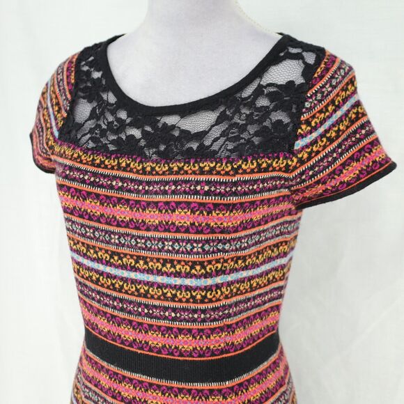 Sparrow Sweater Dress Womens Medium Black Orange Stripe Knit Lace Anthropologie - Picture 13 of 14